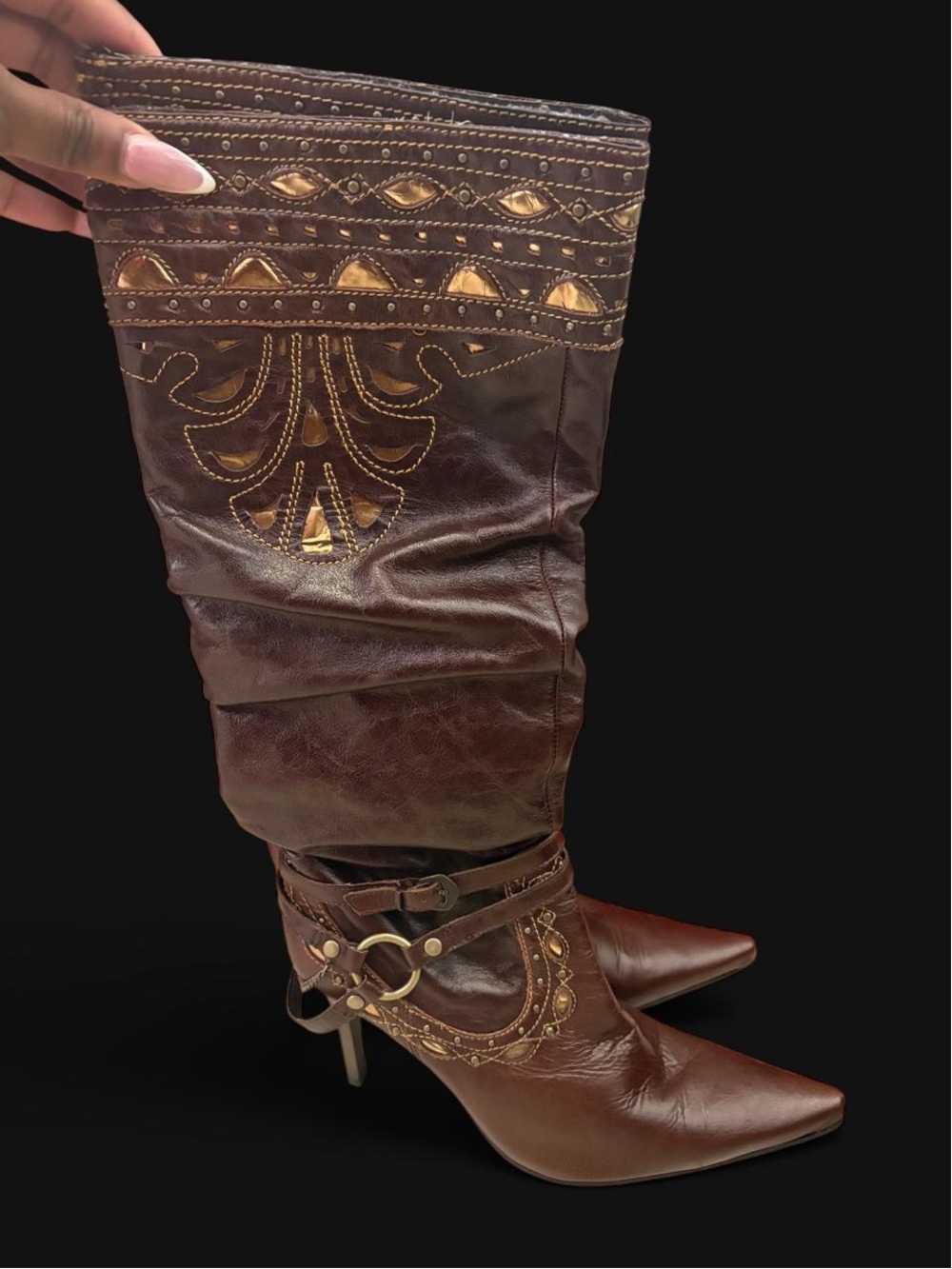 DOLLHOUSE Embellished Brown Leather Knee-High Heeled Boots